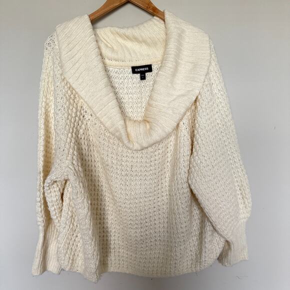 Express Women Sweater XL Ivory Cowl Neck Chunky Knit Boxy Winter Capsule Minimal - Picture 2 of 7